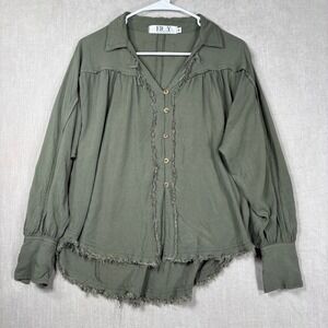 Fray Womens Button Down Shirt Small Olive Green Raw Hem Distressed Shabby Chic